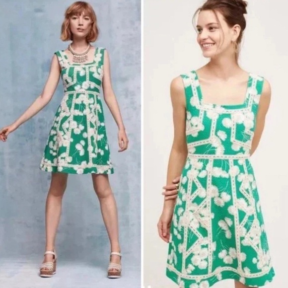 Maeve Dresses & Skirts - Maeve Anthropologie Emma Green Fit And Flare Dress Lace Trim Size 4 EUC Rn66170
